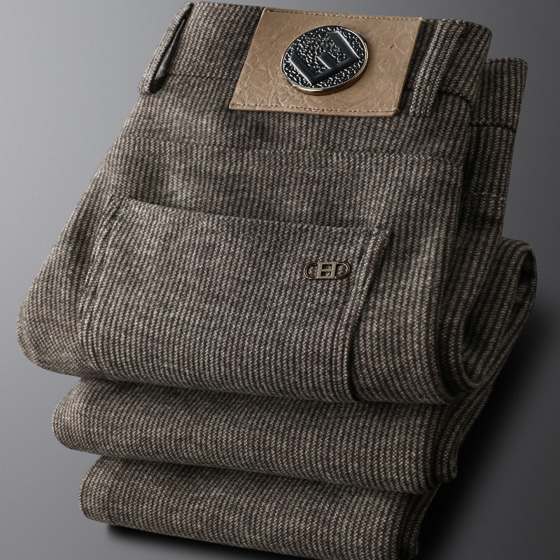 Light Wool Coffee-Colored Business Casual Pants for Men, Cotton Slim-Fit Trendy Woolen Popular Autumn and Winter Men's Trousers