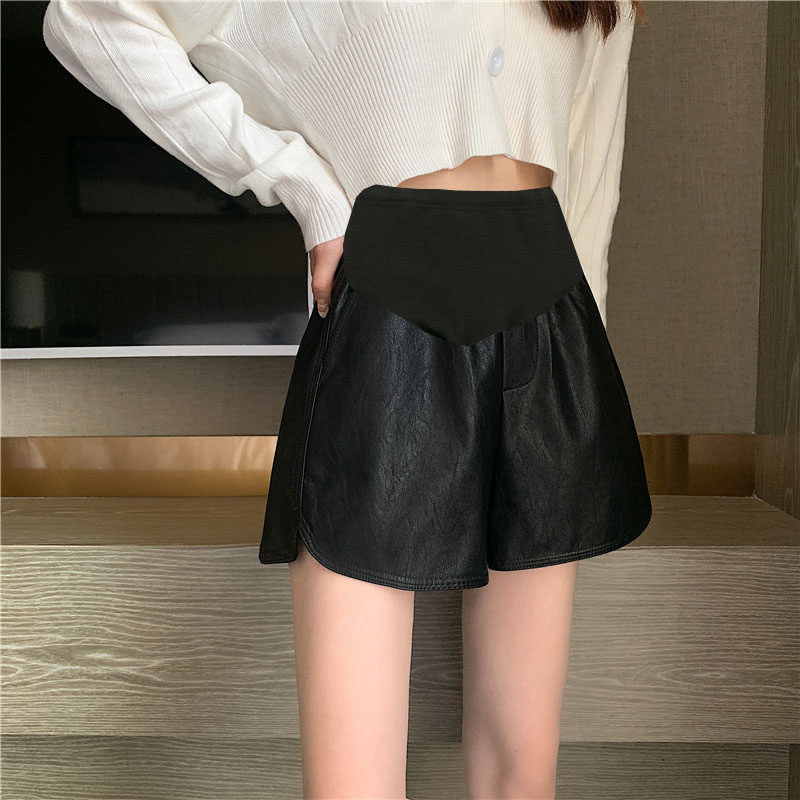 Spring and autumn pregnant women's shorts, boots, pants, outerwear, fashionable wide-legged leather pants, thickened belly-supporting, split shorts, Western style