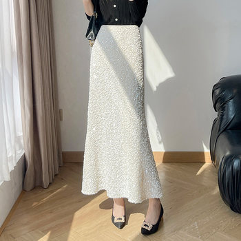 Lingze Xi White Skirt, Chanel-Style, Elegant, Spring, Elastic Waist, Extended A-Line Fishtail Sequin Skirt for Women