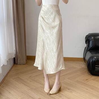 Lingze Xixi New Chinese Style High-Waisted Slimming Slit Pleated Satin Acetate Fishtail Skirt for Women, Summer Apricot-Colored Half Skirt