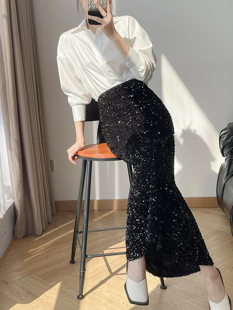 Lingze Xi White Skirt, Chanel-Style, Elegant, Spring, Elastic Waist, Extended A-Line Fishtail Sequin Skirt for Women