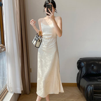 Lingze Xi's Elegant New Chinese Style Versatile Printed Waist-Cinching Off-White Spaghetti Strap Dress for Women in Summer