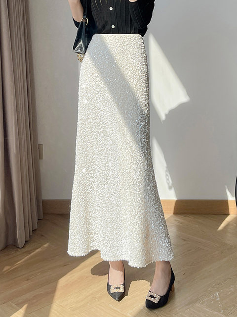 Lingze Xi White Skirt, Chanel-Style, Elegant, Spring, Elastic Waist, Extended A-Line Fishtail Sequin Skirt for Women
