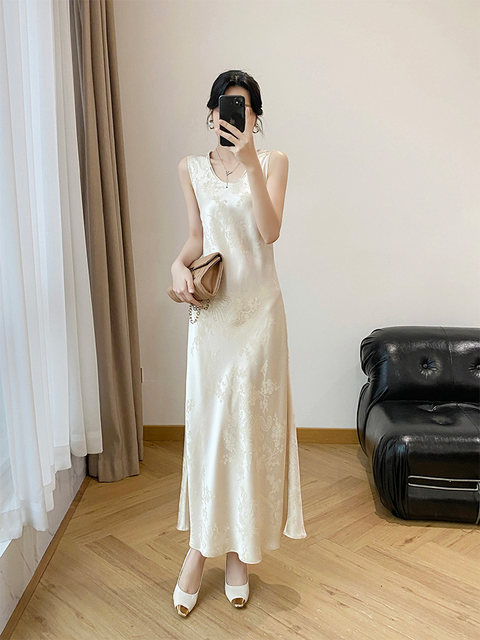 New Chinese Style Fishtail Long Dress for Tall Women, Ankle-Length, Round Neck, Acetate Jacquard, Sleeveless Vest Dress for Women, Spring and Summer
