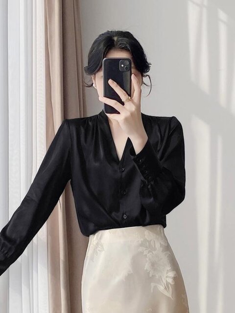 Lingze X19 Mumi Mulberry Silk Top 2026 Spring/Summer New Style Elegant V-Neck Silk White Shirt for Women