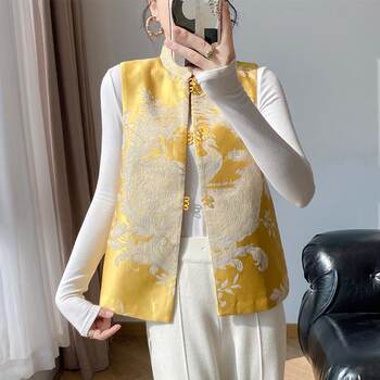 Lingze X's Spring and Autumn New Chinese-Style Phoenix Embroidery Acetate Button Yellow Vest for Women