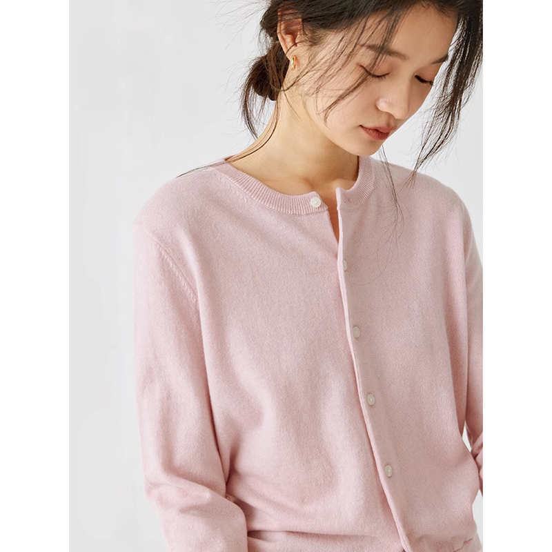Gentle Pink Sweater Knit Cardigan Jacket for Women, Spring and Autumn Layered Short French Round Neck Top