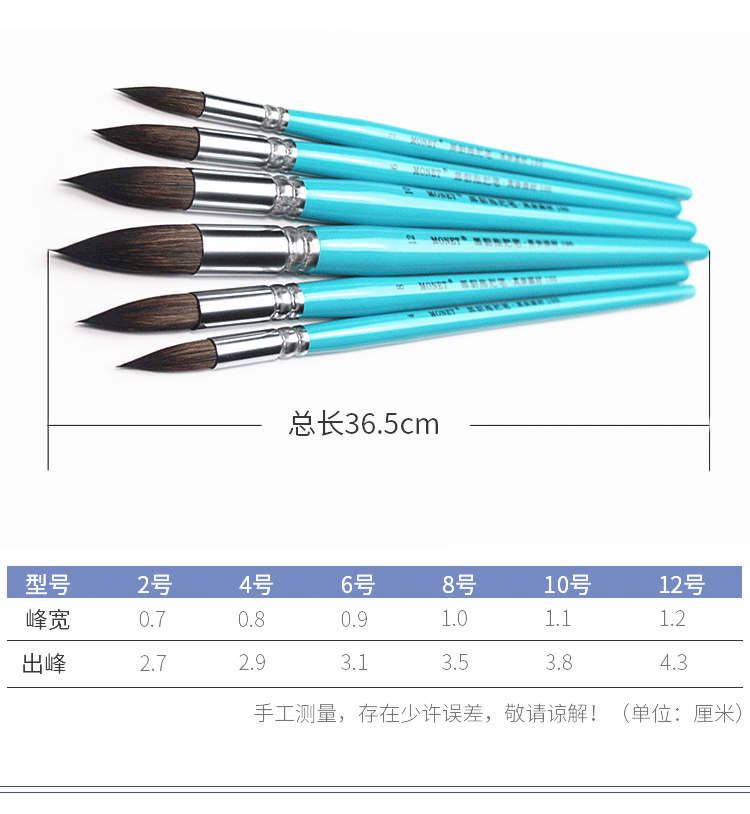 Кисть для рисования масляными красками 莫奈貂毛水彩笔勾线画笔手工拖把式绘画水彩毛笔初学者国画动物毛100水彩笔圆头尖头勾线笔软毛色彩铺色笔 MONET