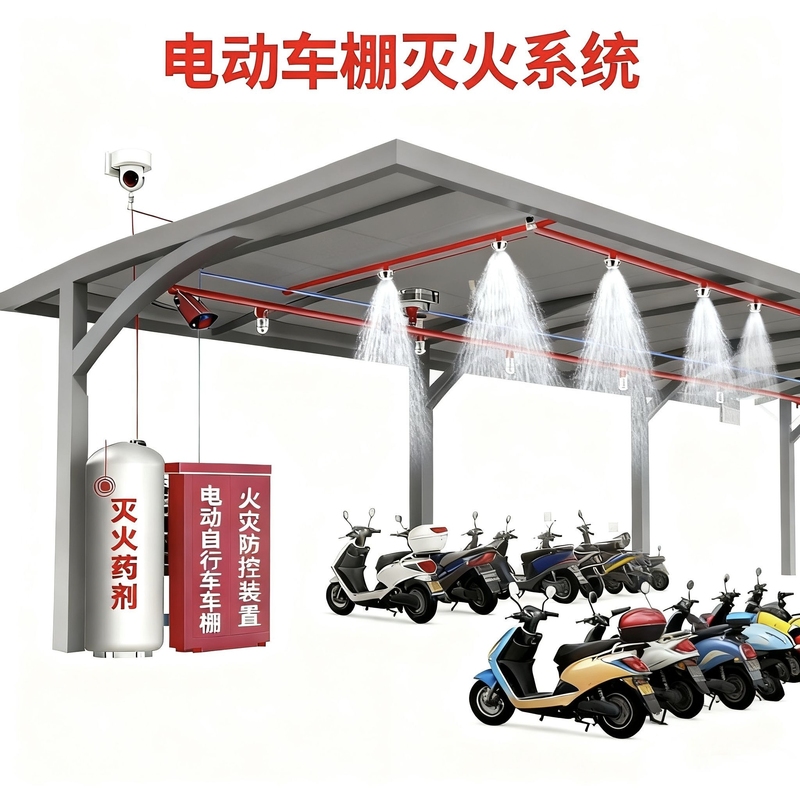 Automatic Fire Extinguishing Equipment for Electric Bicycle Parking Sheds in Residential Areas, Automatic Sprinkler Fire Suppression Solution for Parking Sheds