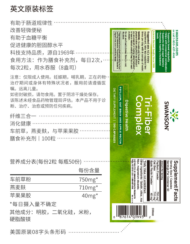美国原装进口 斯旺森 果蔬膳食纤维胶囊 100粒 清肠排宿便 图11