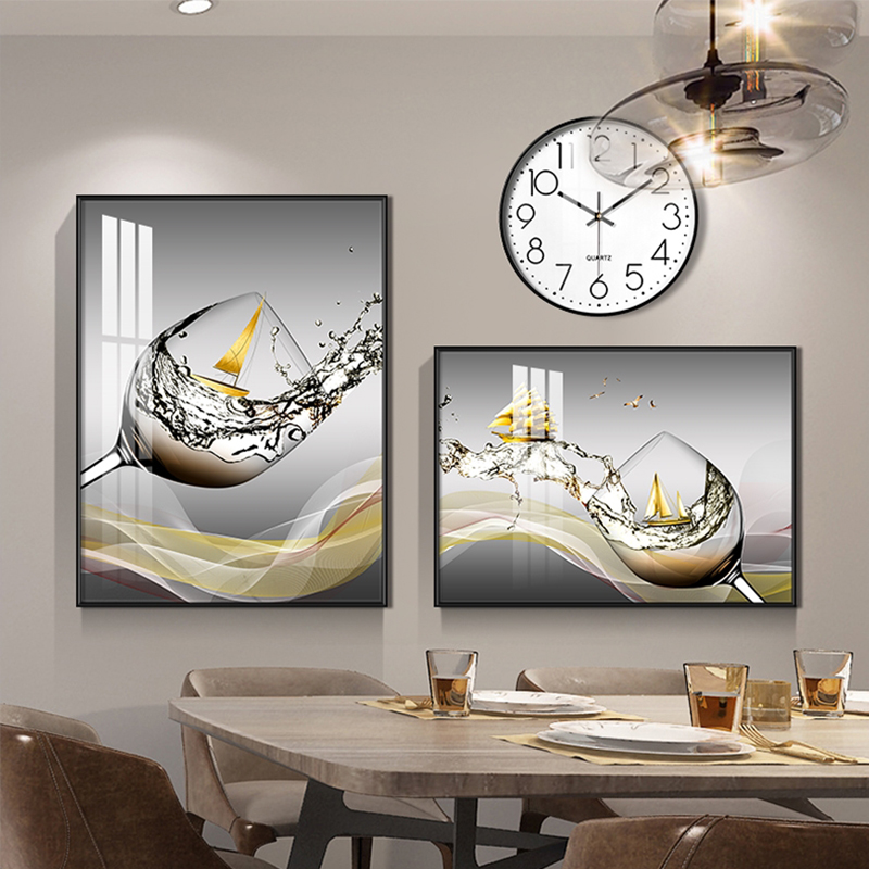 Modern minimalist restaurant environmental protection decorative painting creative wall decoration light frame luxury crystal porcelain painting two couplet clock hanging painting