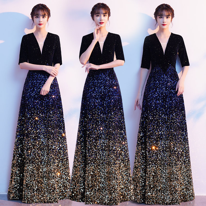 Red Song Choir Performance Costume Women's Long Dress Slimming Conductor Host Evening Gown Long Performance Costume High-End