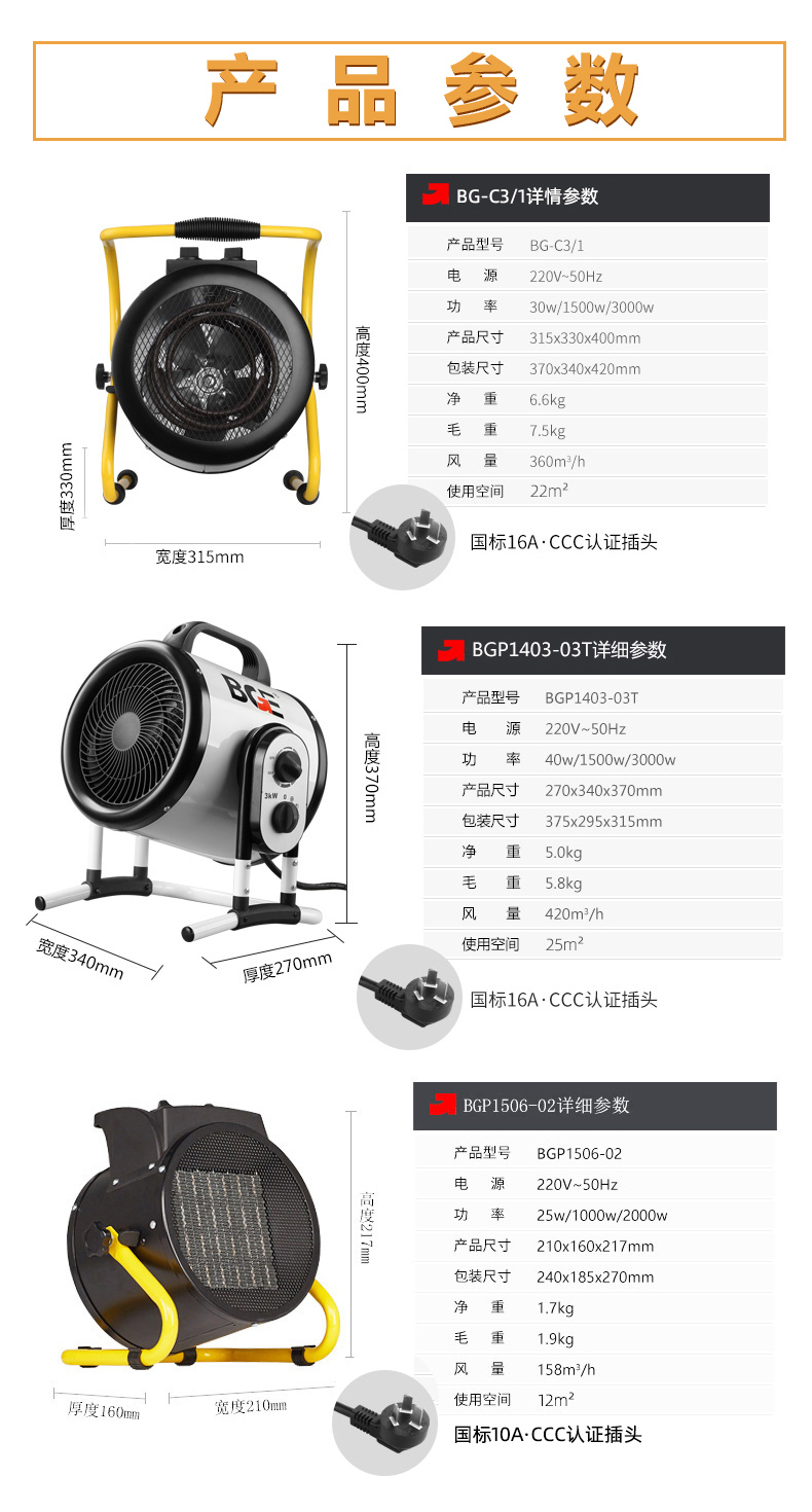 BGE 宝工电器 BG-C3/1 暖风机 2000w 天猫优惠券折后￥68起包邮（￥108-40）