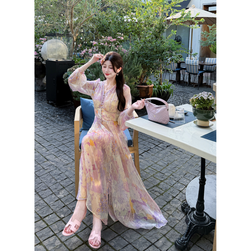 Yingci Silk|Flowing Floral Language Mulberry Silk Long Sleeve Waist-Tightening Dress Women's Summer New Printed Vacation Long Dress Yingci Silk|Flowing Floral Language Mulberry Silk Long Sleeve Waist-Tightening Dress Women's Summer New Printed Vacation Long Dress