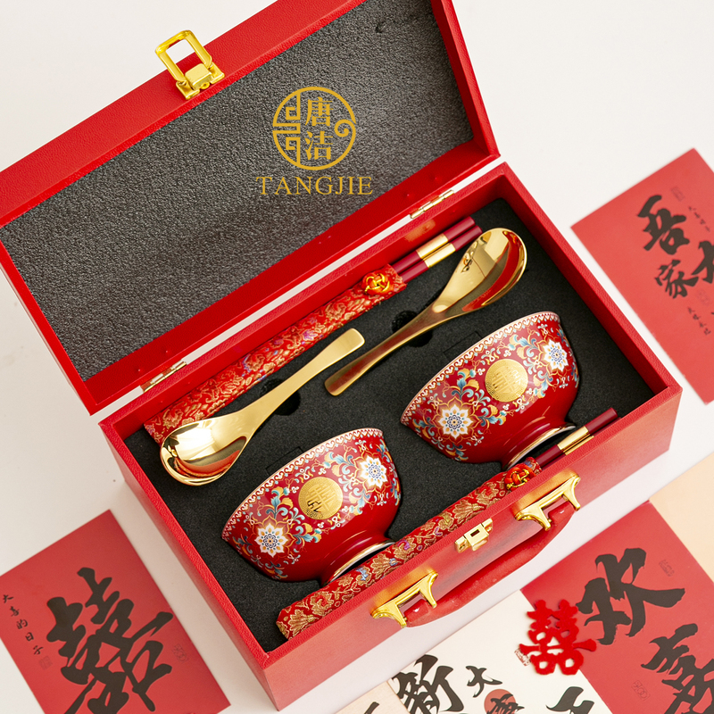 Wedding Bowl, Red Enamel Lotus Bowl and Chopsticks Gift Set, Mother-In-Law's Pair of Bowls, Tea Cups, Wedding Tableware Set