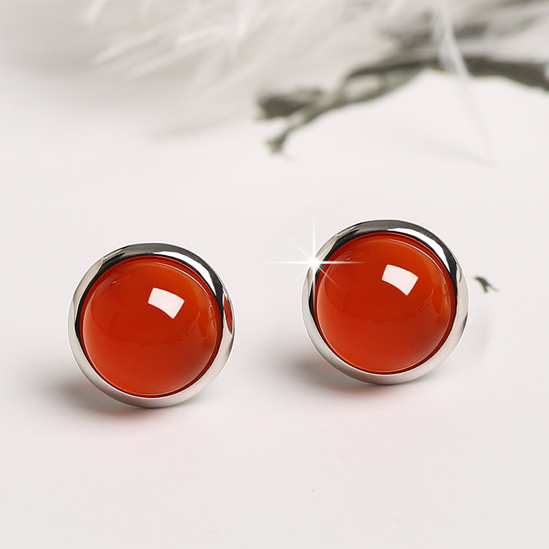 Natural agate S925 sterling silver ear pin 18K gold temperament earrings inlaid red agate yellow agate ear jewelry