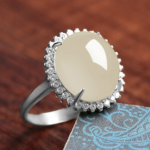 Natural ice species chalcedony ring live mouth s925 sterling silver agate ring temperament female jade color can be adjusted