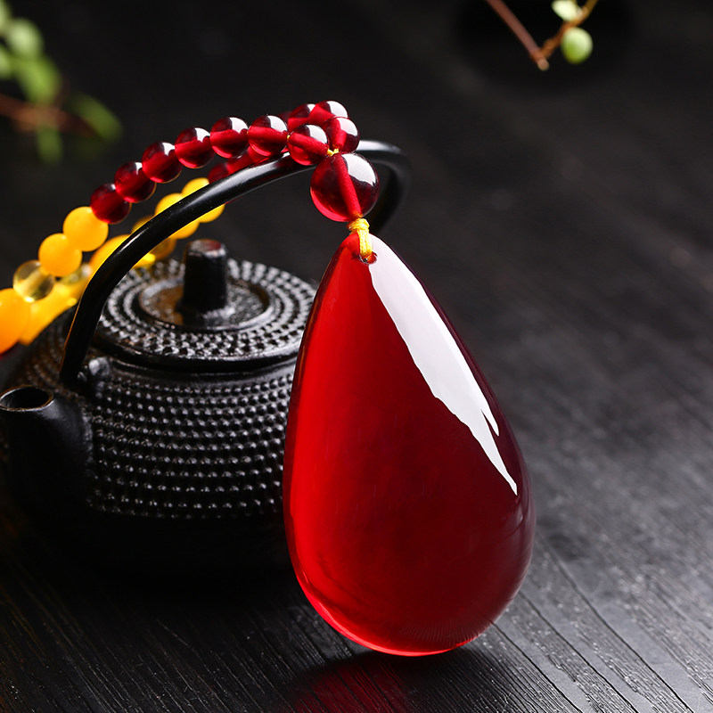 Natural second-generation blood amber safe and sound brand amber beeswax pendant wine red sweater chain jewelry men and women necklace