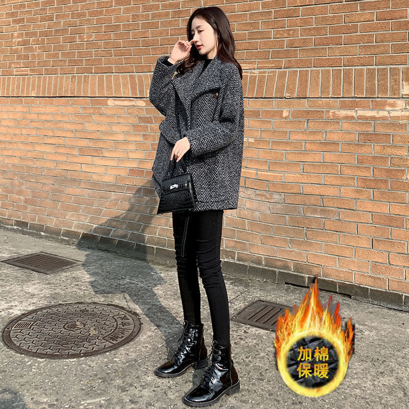 Cotton-Padded Thickened Woolen Coat for Women 2026 Spring, Autumn, and Winter New Plaid Loose Mid-Length Petite Woolen Coat