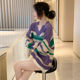 Striped V-neck Hollow Purple Sweater Women's Loose Lazy Style Large Size Thin Sweater Spring and Autumn 2024 New Style