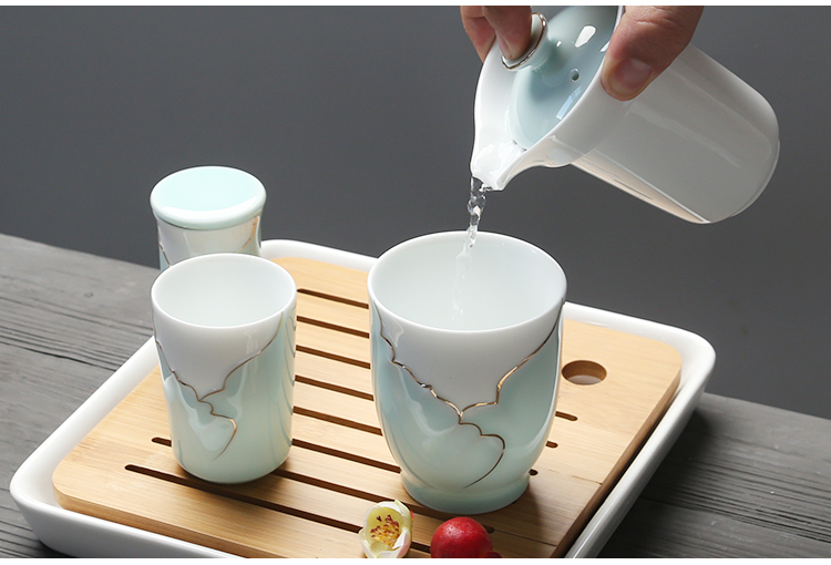 The Sioux ceramic travel kung fu tea set suits for have lotus series with round bamboo tea tray