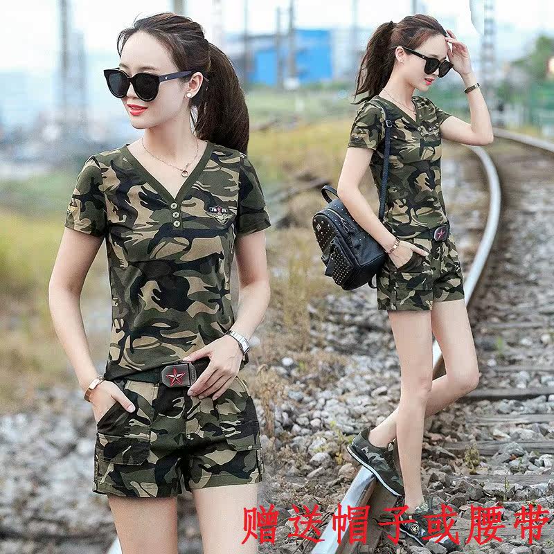 Summer new camouflan suit Women Outdoor Fashion pure cotton T-shirt large size Elastic Casual Shorts Water Soldier Dance Tide
