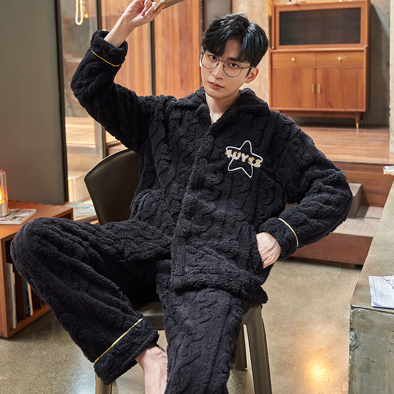 Coral velvet pajamas men's winter thickened plus velvet men's autumn and winter warm flannel can be worn in home suit