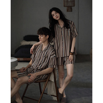 Couple pajamas womens summer thin striped short-sleeved shorts two-piece set for mens summer casual home wear