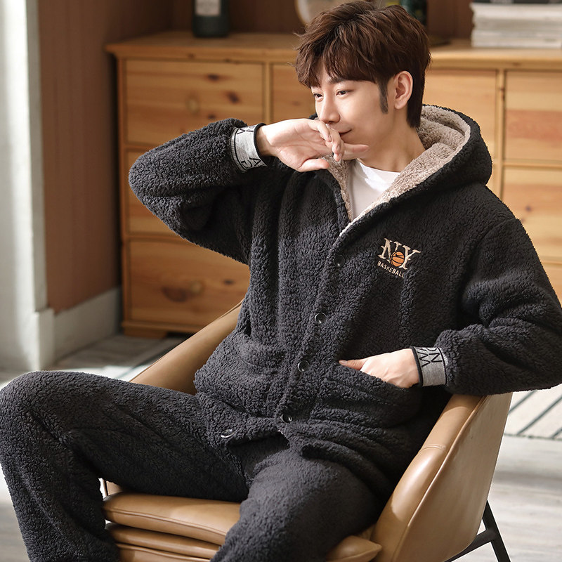 Coral fleece pajamas men's winter thickened plus fleece thermal set flannel fashion hooded men's winter homewear