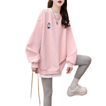 Plus size womens fake two-piece mid-length embroidered long-sleeved sweatshirt spring and autumn new Korean version fat mm fake two-piece top trendy
