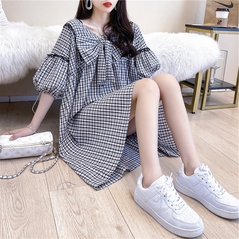 Plus Size Women's Plaid Bow A-Line Dress 2026 Summer New Korean Style Loose Mid-Length Skirt Trendy Plus Size Women's Plaid Bow A-Line Dress 2026 Summer New Korean Style Loose Mid-Length Skirt Trendy