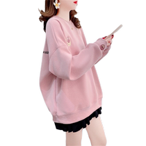 2023 spring new Korean style loose fat mm thin embroidered sweatshirt womens medium and long embroidered cartoon top clothes trendy
