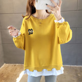 2021 spring new large size loose thin section fat mm 200 jin fake two embroidered sweater ladies top clothes trend