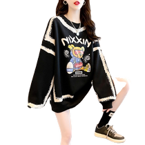 Clearance leak~Large size womens Korean style lazy style round neck cartoon print round neck fat mm long sleeve thin sweatshirt