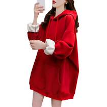 Plus size womens red New Years clothes plus velvet thickened hooded sweatshirt autumn and winter new Korean style fat mm top jacket