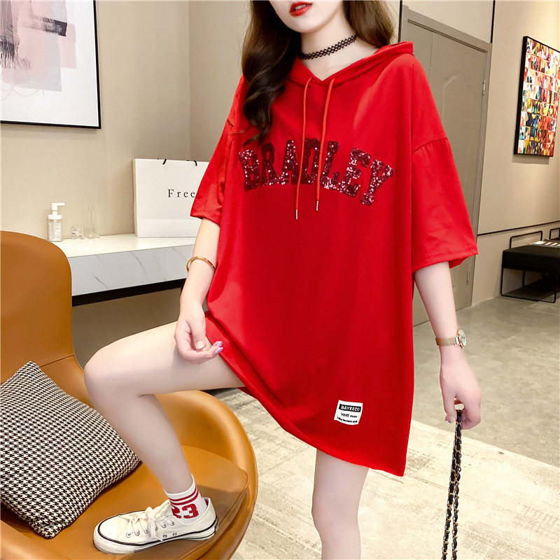 2026 Spring/Summer New Plus Size Women's Loose Mid-Length Sequin Letter Short Sleeve T-Shirt Women's Hooded Sweatshirt Trendy