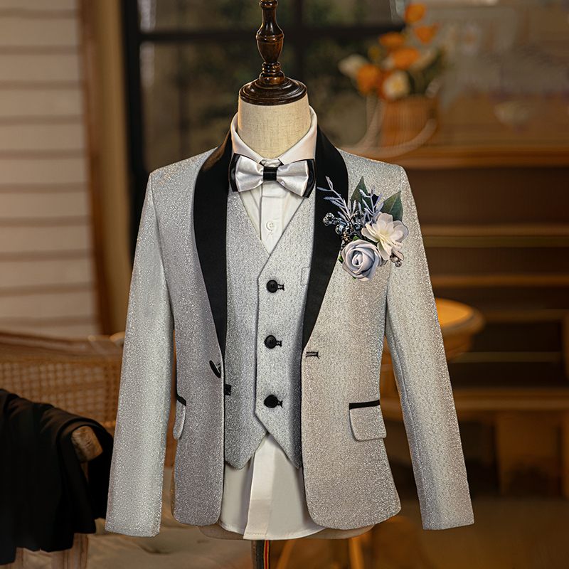Children's Suit Set for Boys, Silver Sequin Stage Vest, Catwalk Host Dress, Flower Boy Piano Performance Outfit Children's Suit Set for Boys, Silver Sequin Stage Vest, Catwalk Host Dress, Flower Boy Piano Performance Outfit