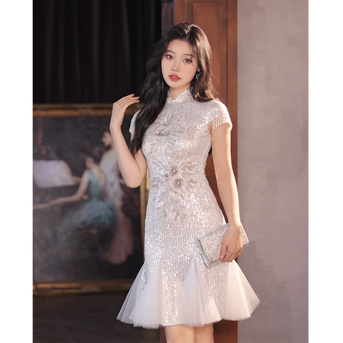 Ципао, вечернее платье, юбка, блестки для ногтей, китайский стиль, подходит для подростков, рыбий хвост, яркий броский стиль, легкий роскошный стиль