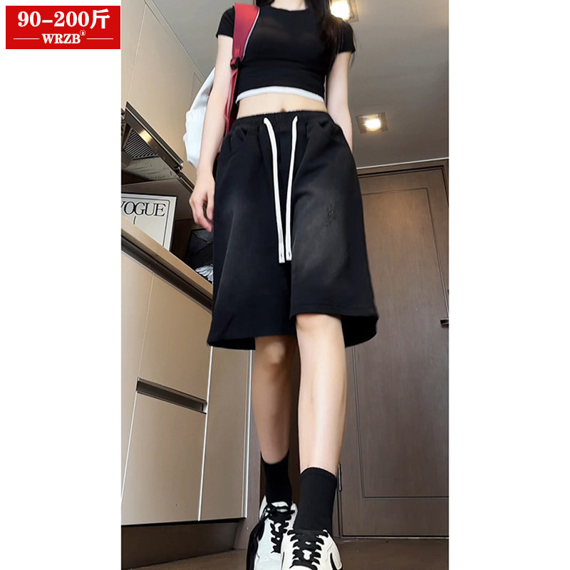 Plus-Size Women's Washed Vintage Denim Shorts, Summer Thin Style, Loose Fit, Slimming, High-Waisted, Wide-Leg, Knee-Length Shorts, Plus-Size Women's Clothing