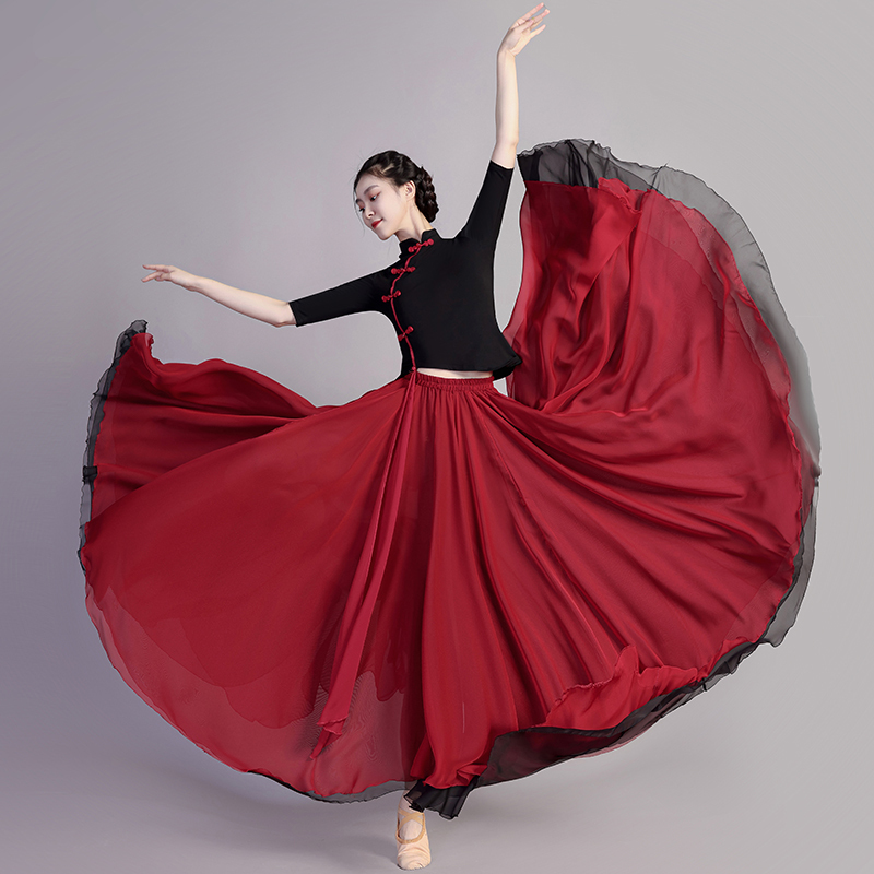 720-Degree Red Half-Body Flared Skirt Slimming Xinjiang Dance Skirt Classical Dance Performance Costume Square Dance Elastic Long Skirt