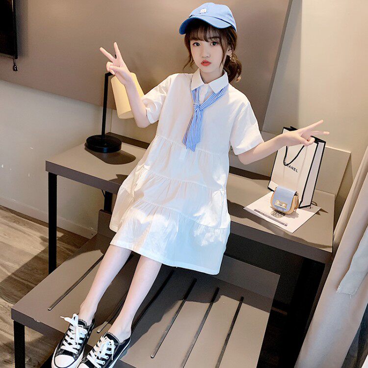 Girl Summer Dress Foreign Dress Children's Shirt Dress White Korean version of the girl's dress CUHK Scout Red Red Tides