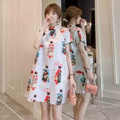Pregnant women cheongsam retro Chinese style maternity dress summer dress Medium and long version of summer loose nursing skirt