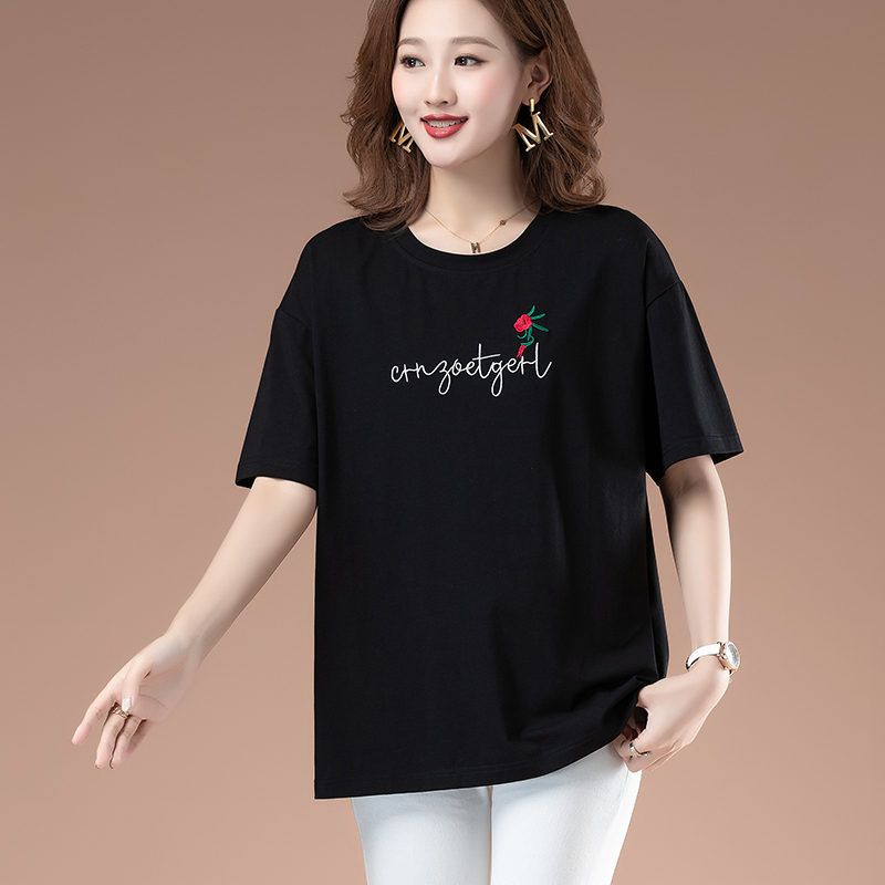 Extra Large Size Middle-Aged and Elderly Women's Clothing, Plus Size, Stretchy Pure Cotton T-Shirt, Women's Summer Wear, 50-Year-Old Plus-Size Short-Sleeved Top