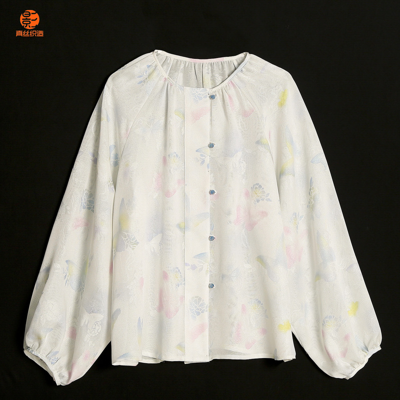 Xiaoying Silk. Zhang Guoquan's Four-Layer Twisted Silk Top with Colorful Butterflies Fluttering in Lantern Sleeves, Ethereal Mulberry Silk Top Xiaoying Silk. Zhang Guoquan's Four-Layer Twisted Silk Top with Colorful Butterflies Fluttering in Lantern Sleeves, Ethereal Mulberry Silk Top