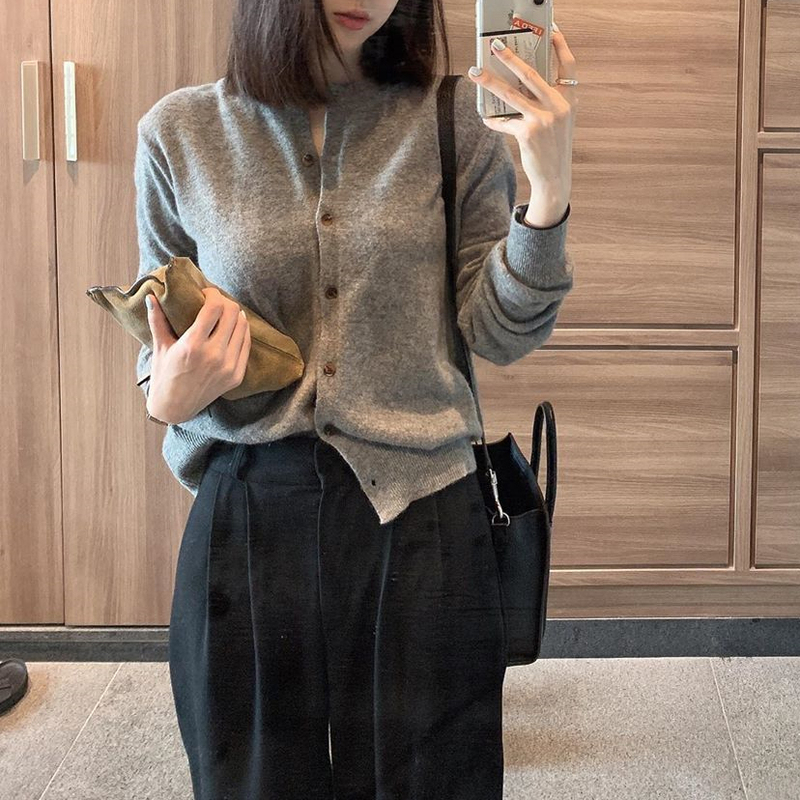 New Women's 100% Pure Cashmere Cardigan, Round Neck, Elegant High-End Knitted Sweater, Versatile Jacket for Spring and Autumn