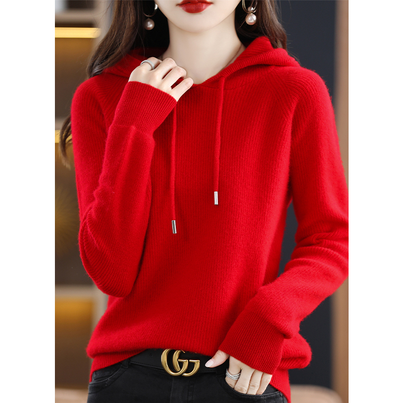 Red Hooded Sweater for Women, Autumn and Winter, High-End Sweatshirt with Hood, Loose-Fitting, Tummy-Covering Knit Hoodie Top