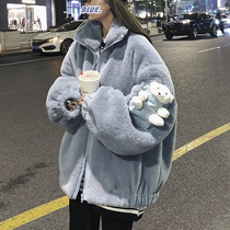 Small Bear Furry Jacket Woman Winter Thickening Soft Glutinous Cute Cotton Clothing Student Korean Version Loose Jacket 2021 New