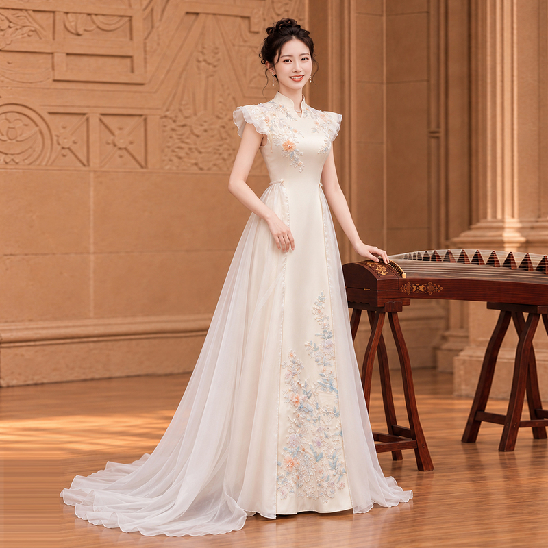 Champagne-Colored New Chinese-Style Guzheng Performance Costume, High-End Traditional Chinese Stage Outfit, Classical Musical Instrument Performance Dress, Art Exam Long Dress Champagne-Colored New Chinese-Style Guzheng Performance Costume, High-End Traditional Chinese Stage Outfit, Classical Musical Instrument Performance Dress, Art Exam Long Dress