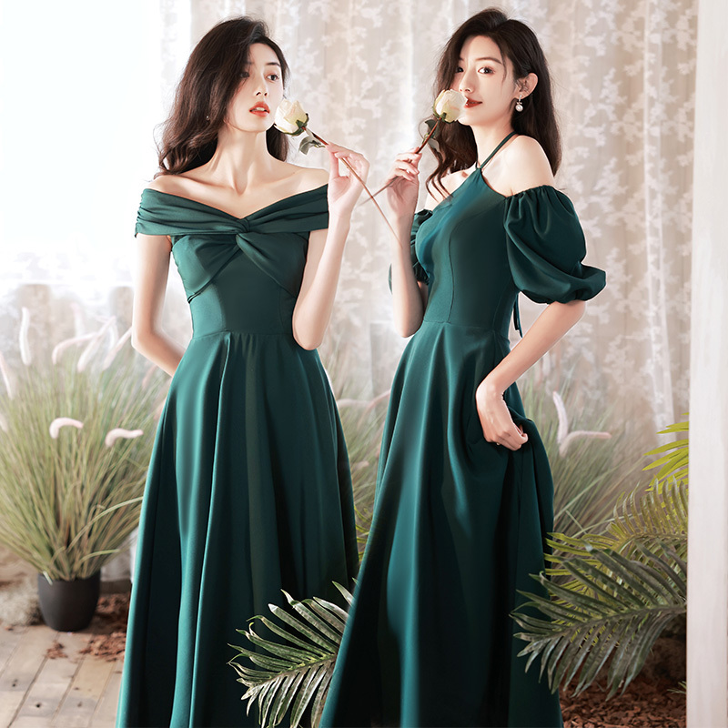 Dark Green Satin Bridesmaid Dress, High-End Niche, Can Be Worn Casually, Long Sister Group Evening Dress, Women's Summer Slimming Dress
