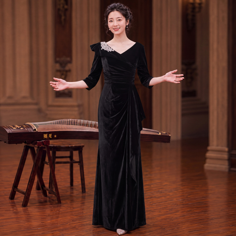 Black Evening Dress, Light Luxury, Niche, High-End Velvet Stage Host Long Dress, Adult Guzheng Performance Costume